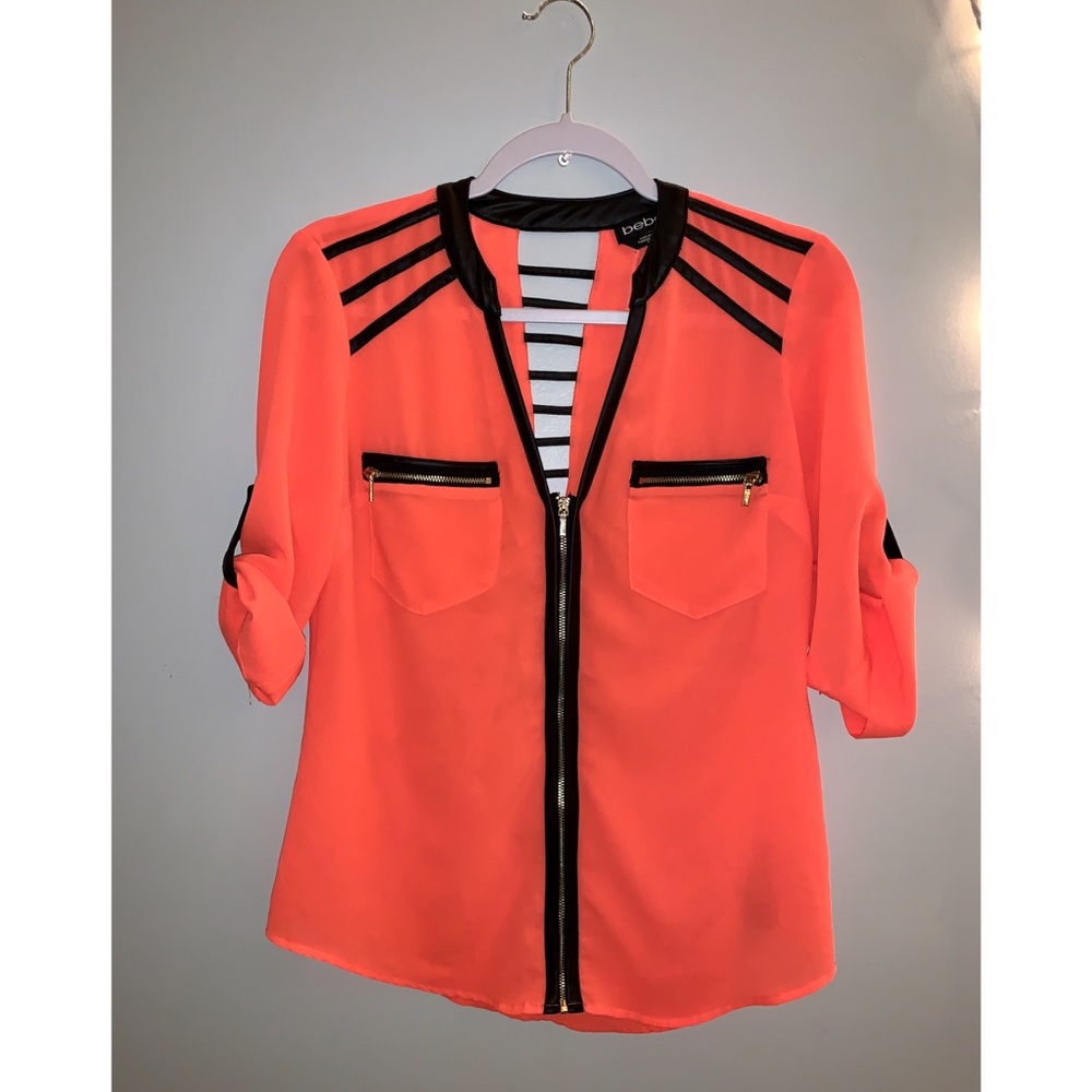 Bebe | New! Coral Pink Sheer Zip Up Blouse